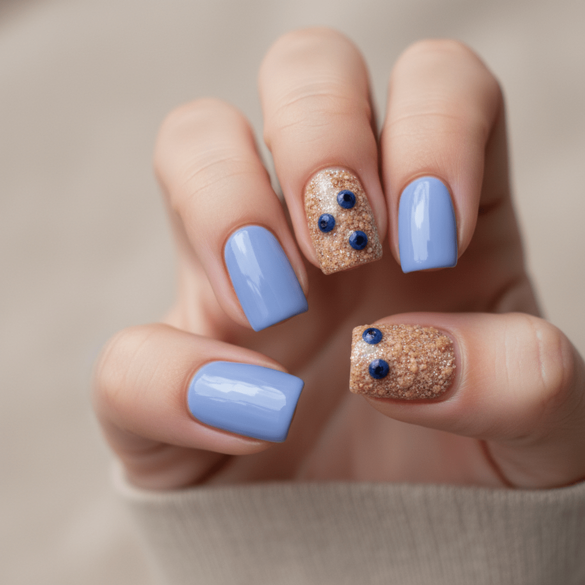 Macro view of periwinkle blue nails with blueberry crumble texture and beads.