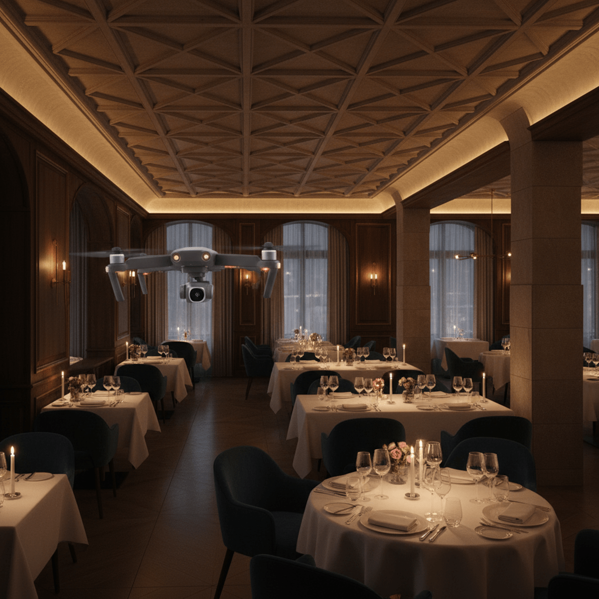 Mini drone captures aerial views inside a dimly lit, elegant hotel dining room.