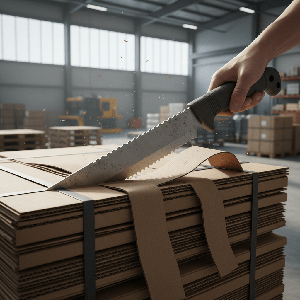 Rugged cardboard cutter slicing through industrial packaging in a modern warehouse.