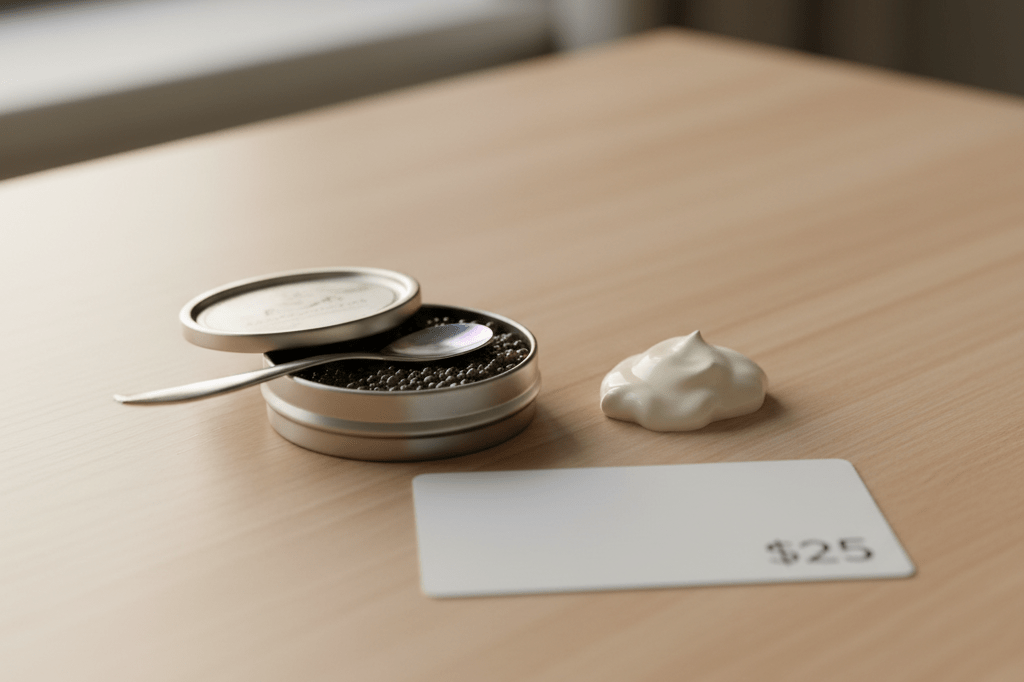 Close-up of black sturgeon caviar in open tin beside crème fraîche and elegant mother-of-pearl spoon on natural wood table