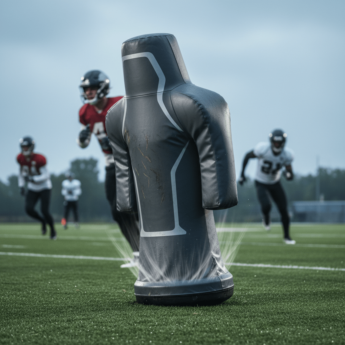 Aerodynamic football tackle dummy with smooth lines resetting on turf.