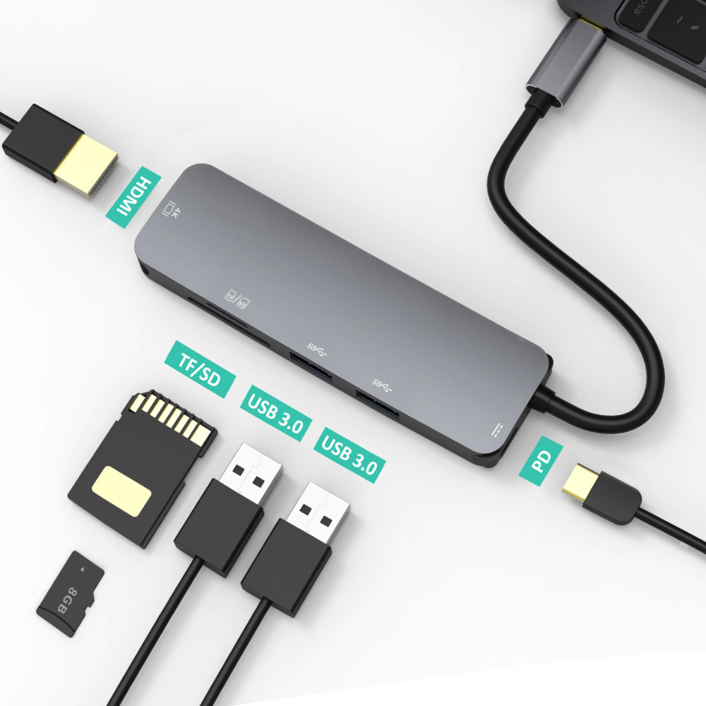 Алюминиевый 6 в 1 USB-концентратор Тип C, 6 портов, 4K, мультимедийный концентратор с мощностью 60 Вт, устройство для чтения SD TF-карт 3,0 и 2 портами USB 3,0
