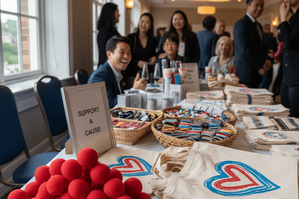 Table showcasing charity-branded products under warm ambient lighting in a lively event setting
