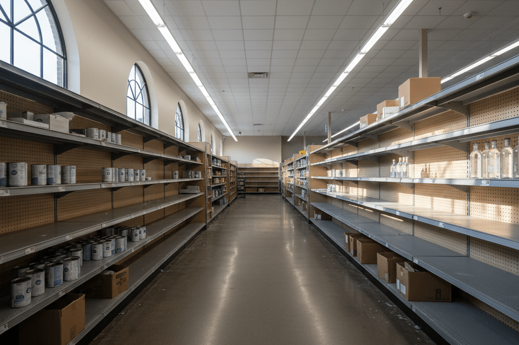 Deserted grocery store aisle with minimal stock under natural and artificial lighting, illustrating consumer pattern disruption after anchor store departure