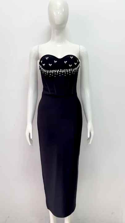 High Quality Strapless Diamond Bandage Dress Women's Black Sleeveless Crystal Bodycon Long Dresses Elegant Evening Party High Quality Strapless Diamond Bandage Dress Women's Black Sleeveless Crystal Bodycon Long Dresses Elegant Evening Party