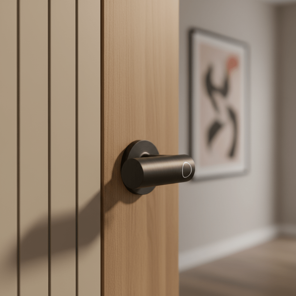 Modern smart-tech door knob with integrated features in a warm, neutral entryway.