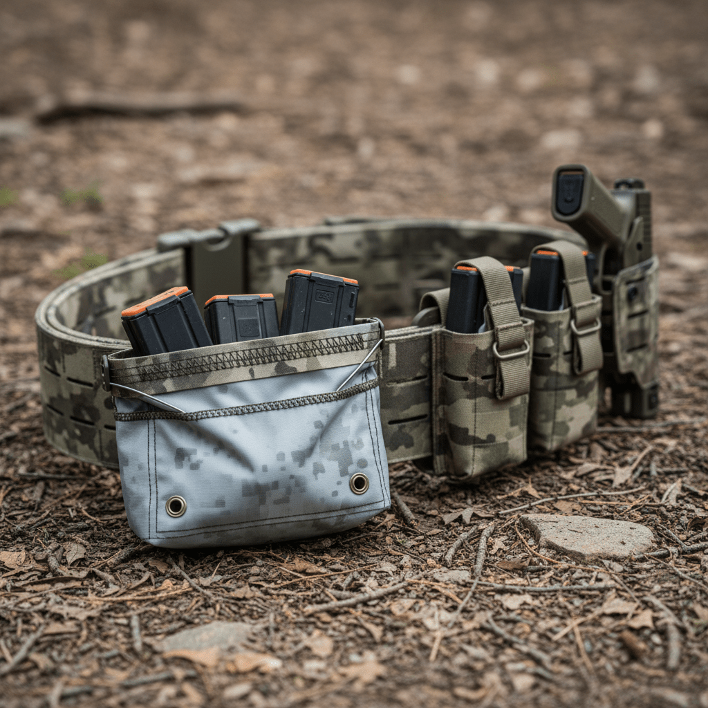 Ultra-lightweight airsoft dump pouch with spent magazines on a tactical belt.