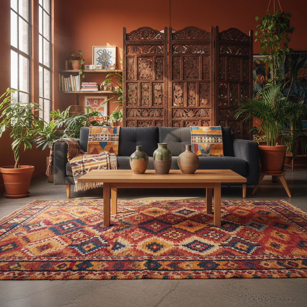 Eclectic maximalist living room with Moroccan rug, Indian screen, and African textiles.