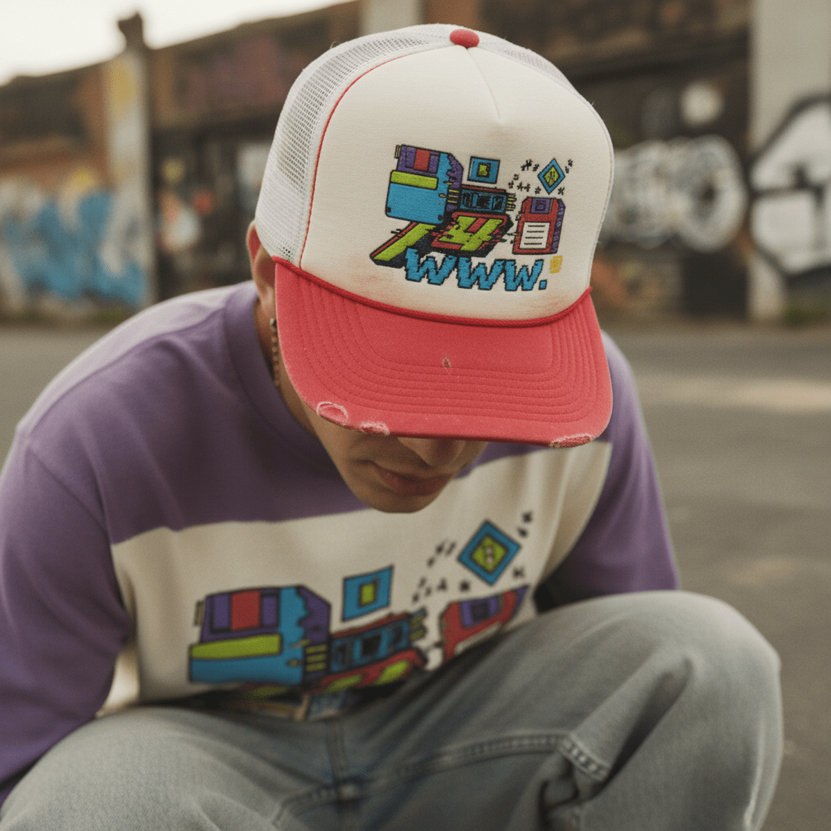 Y2K trucker hat with retro tech graphic, faded red and white mesh.