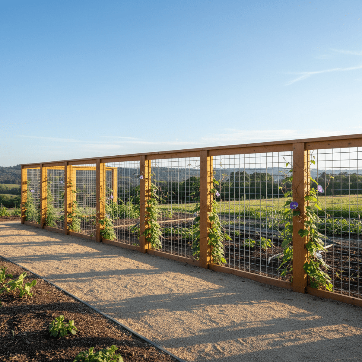 DIY garden fence with treated lumber and hog wire, morning glories climbing.
