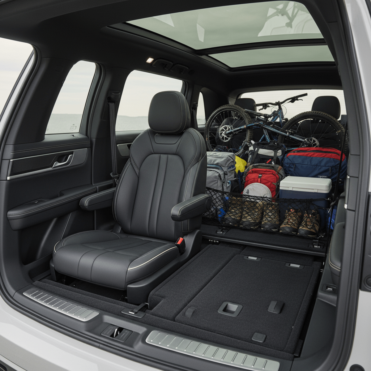 Midsize SUV interior with modular seating, leather captain's chairs, and ample cargo space.