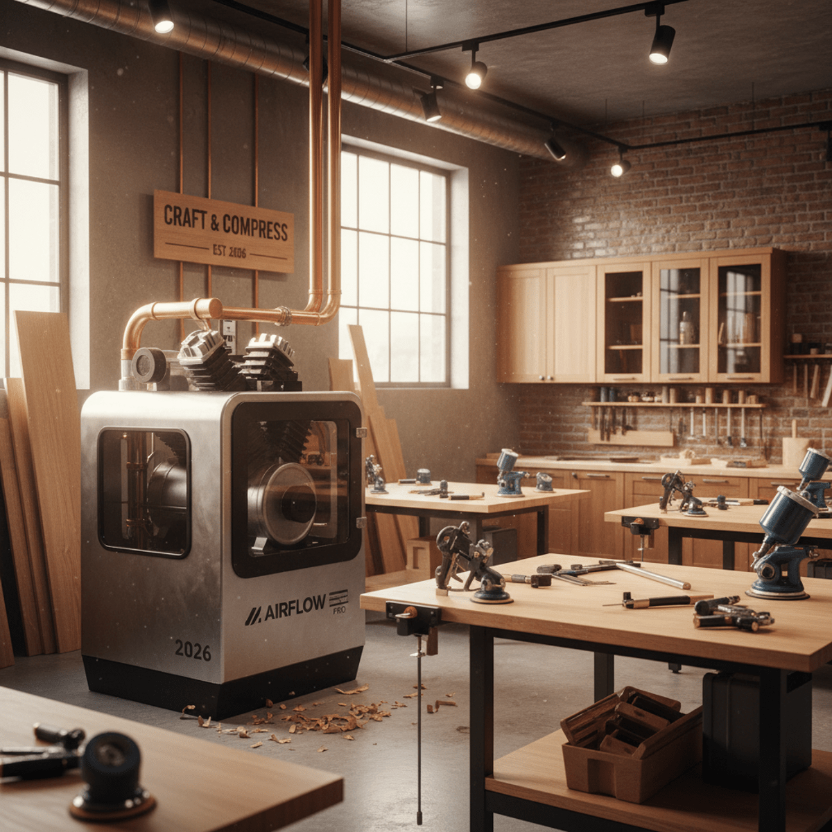 Industrial air compressor in a modern woodworking studio with copper pipes.