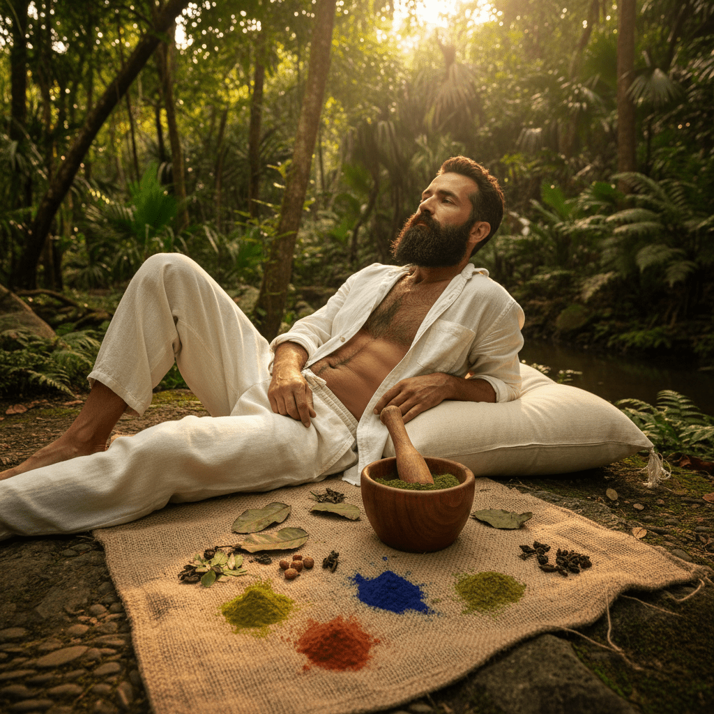 Man reclines beside mortar of henna and indigo in serene outdoor wellness setting.