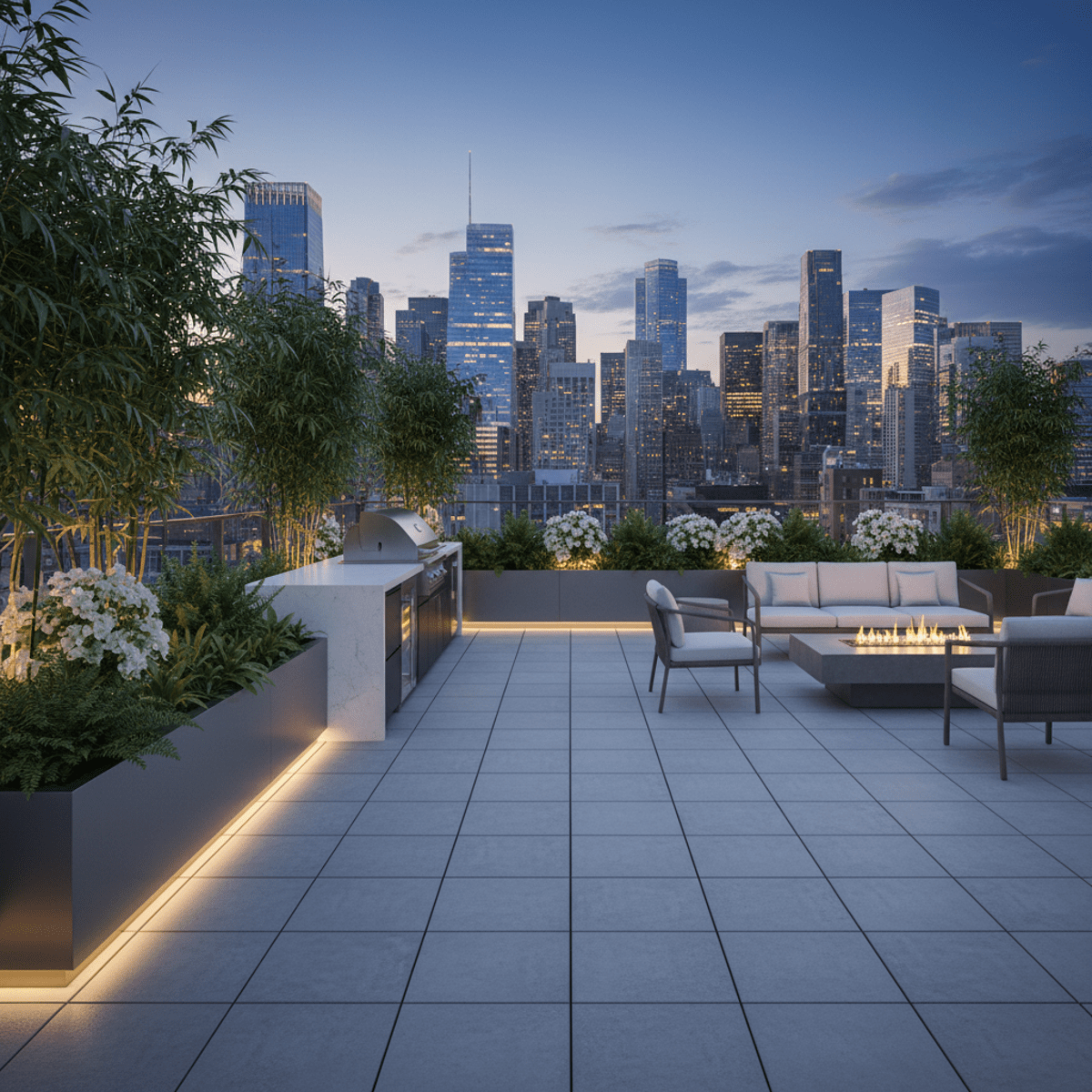 Sleek modern rooftop terrace with porcelain pavers and city skyline views.