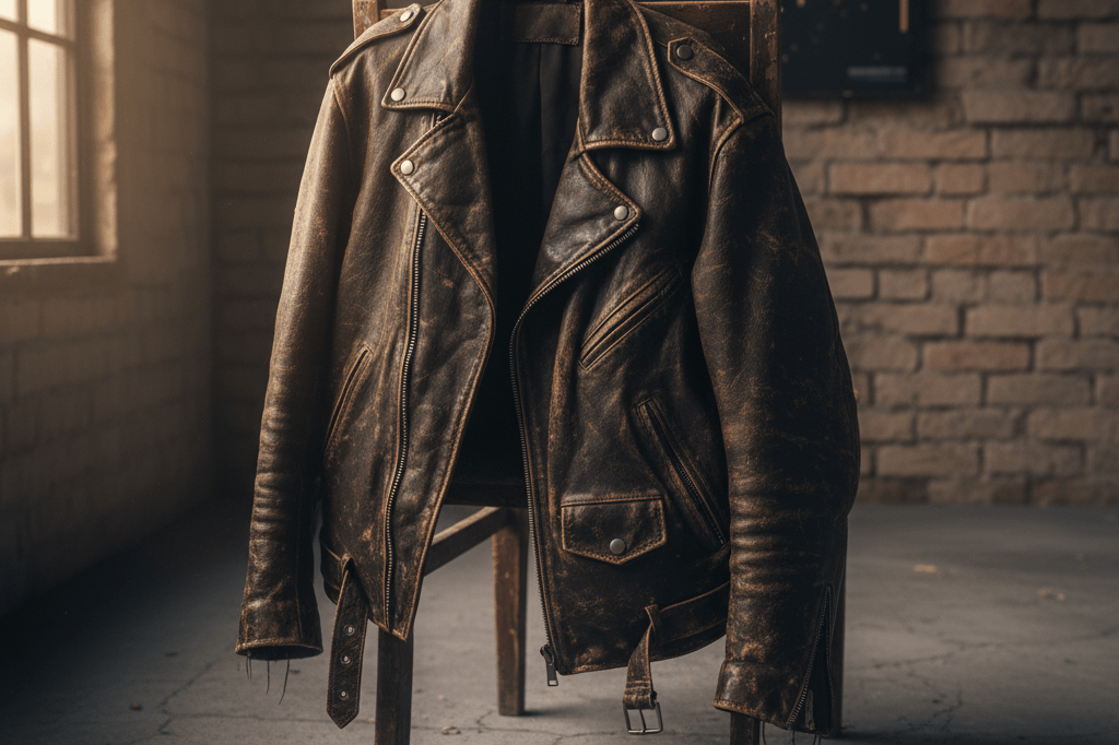 Close-up of a worn leather jacket on a wooden chair under soft ambient light, evoking themes of resilience and closure