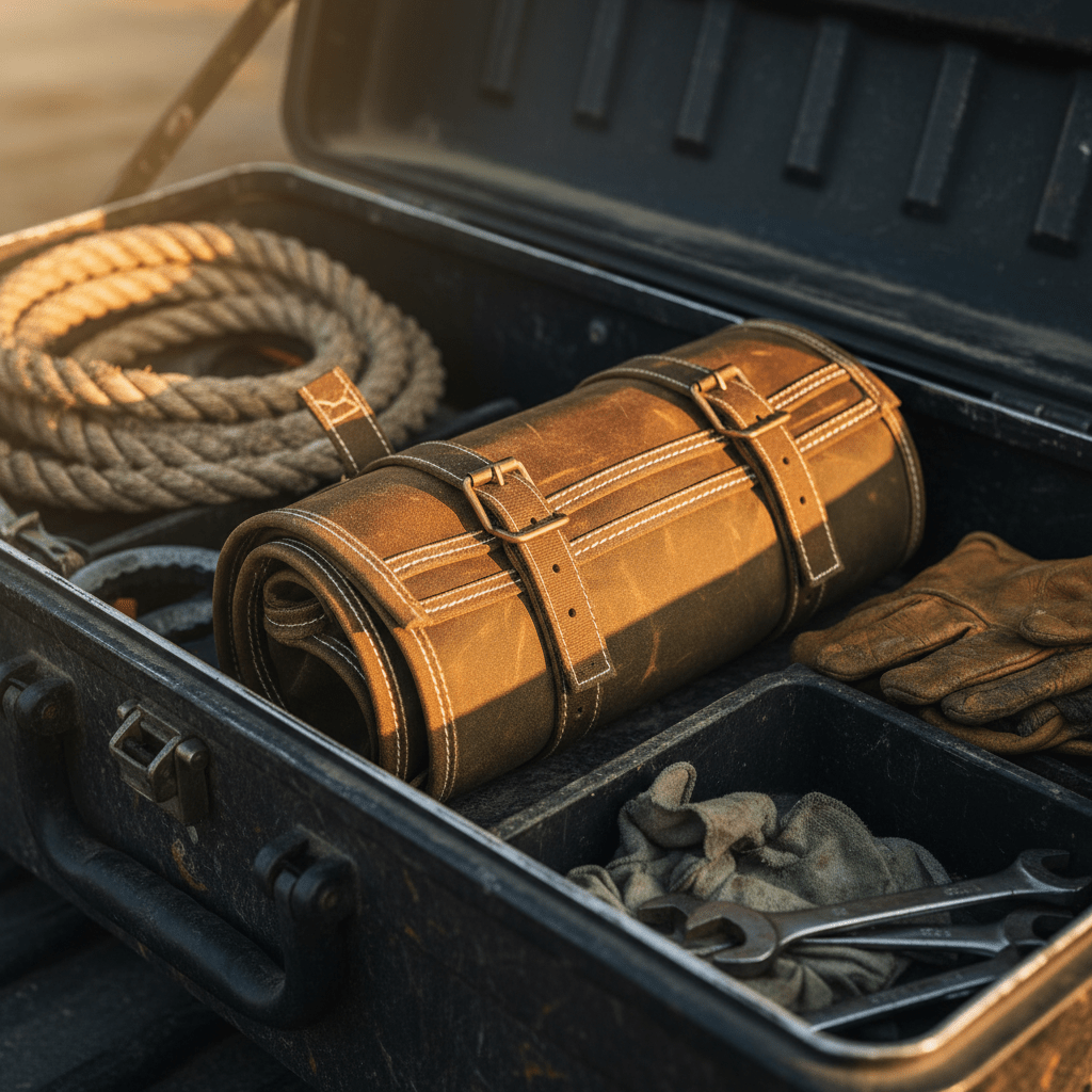 Rolled waxed canvas wrench organizer in a rugged truck toolbox.