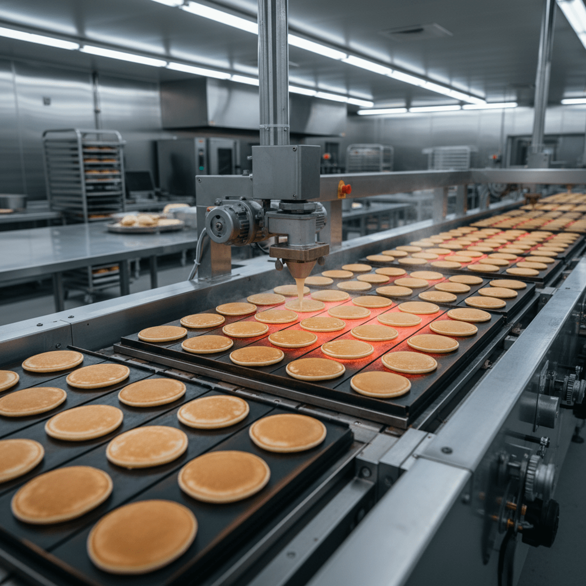 Automated industrial pancake machine with stainless steel belt dispensing uniform pancakes.
