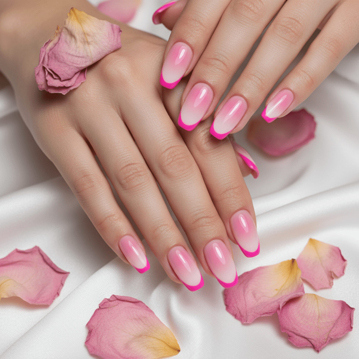 Elegant French nail design with pink aura and hot pink tips on silk.