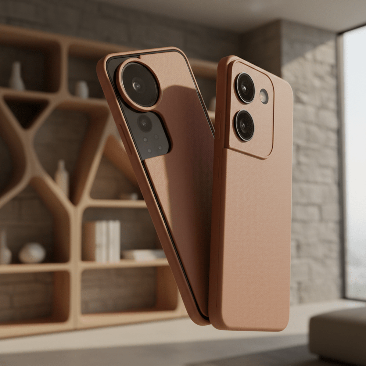 Innovative slider phone in muted terracotta, revealing selfie camera with soft-touch ceramic finish.
