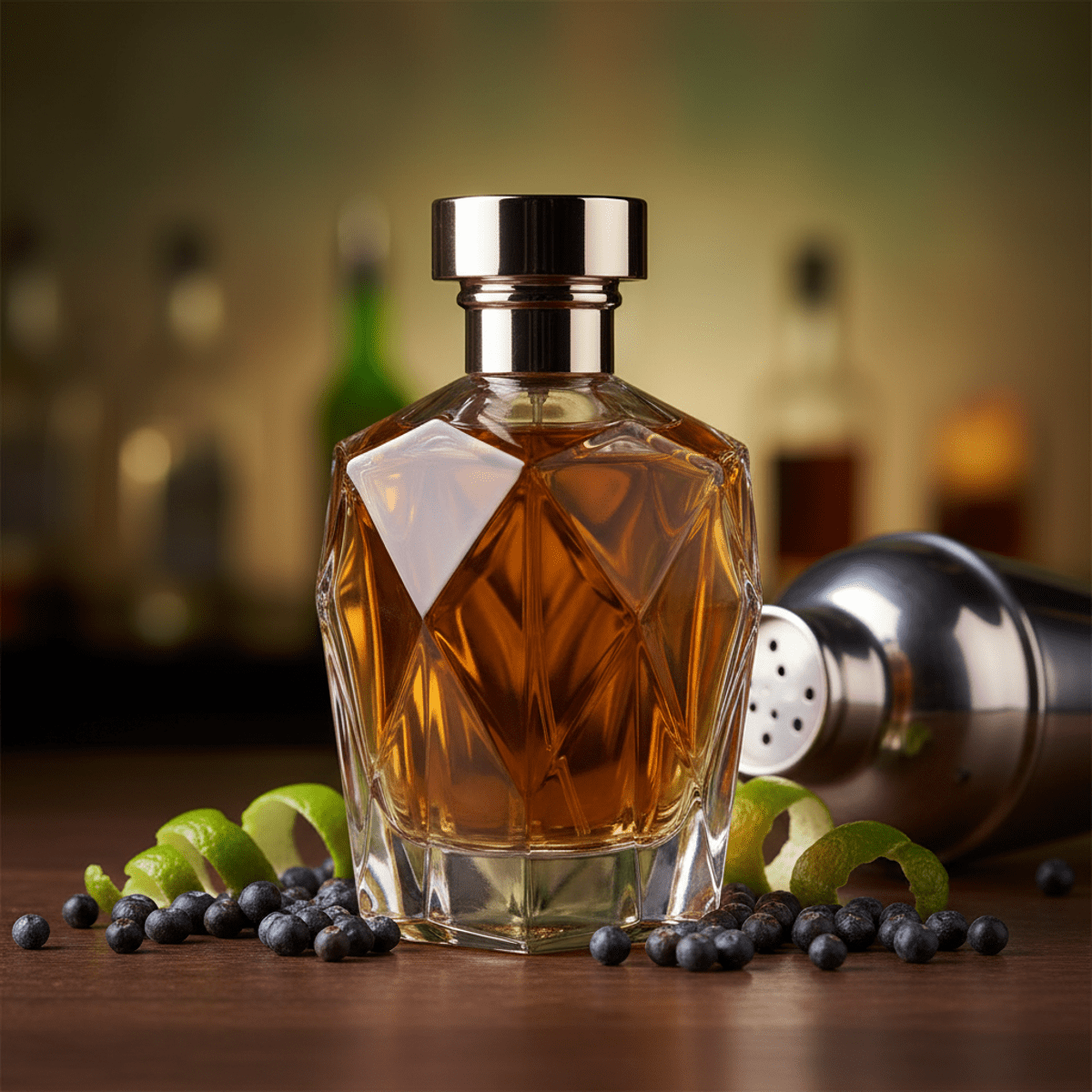 Crystal cologne bottle with golden liquid, juniper, and lime on a wooden bar.