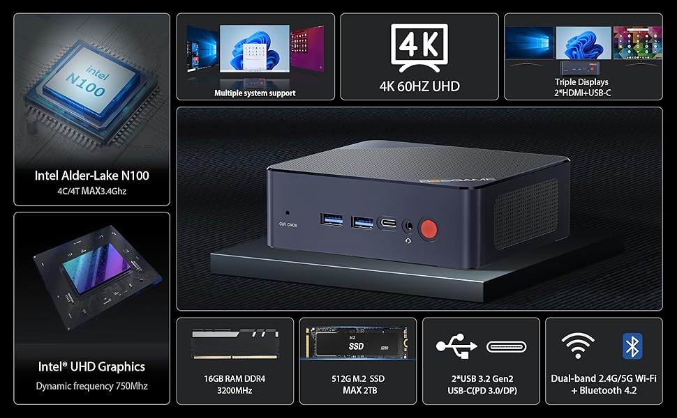 BOSGAME N100 Mini PC - 16GB RAM, 512GB SSD, 4K Display