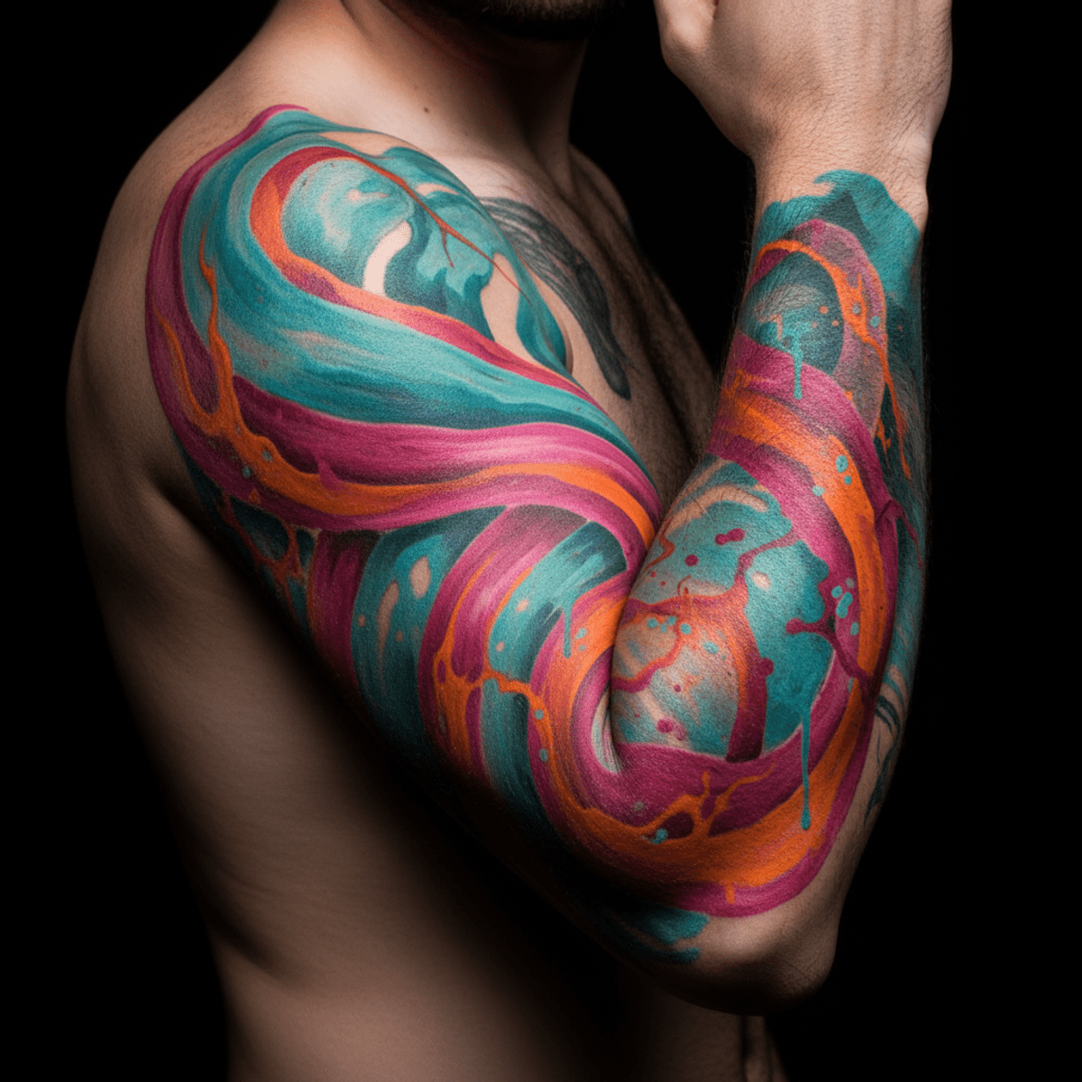 Vibrant abstract tattoo art on skin Painterly abstract tattoo with turquoise, magenta, and orange on a man's arm.