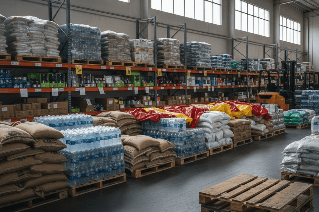 Strategic emergency inventory ready for severe weather response Warehouse aisle stocked with sandbags and emergency supplies under natural light for flood preparedness