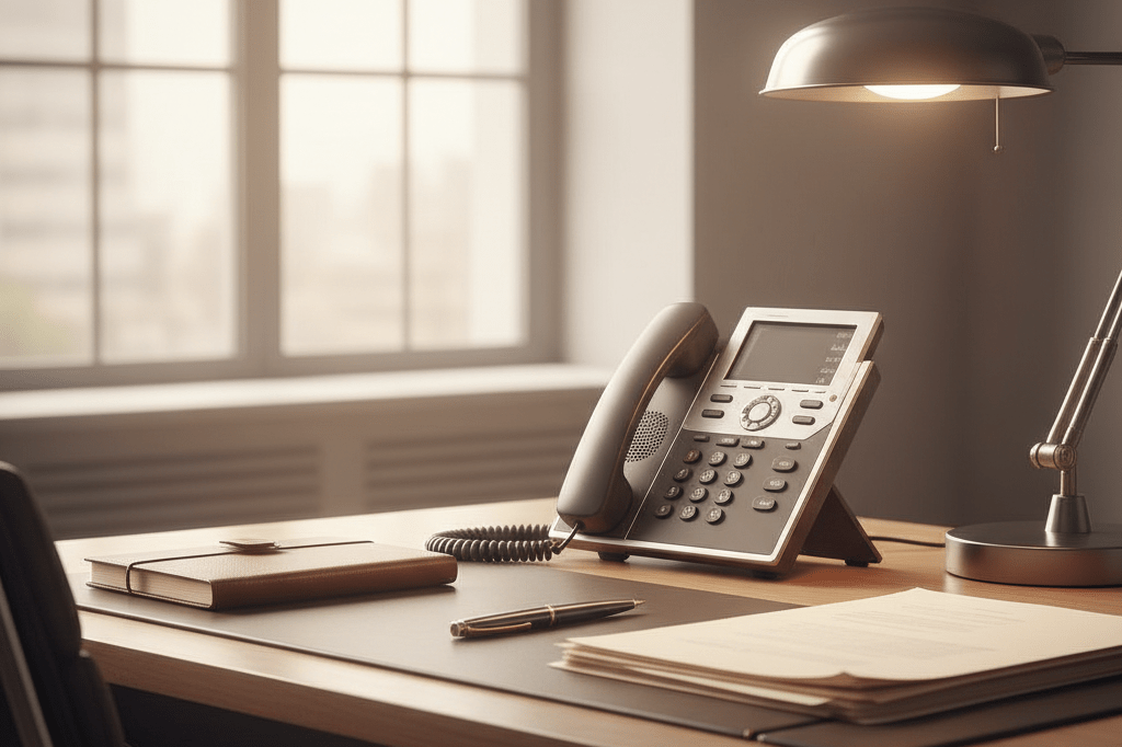 Sleek office desk with landline phone, notebook, and lamp under natural light, symbolizing impactful negotiation strategies