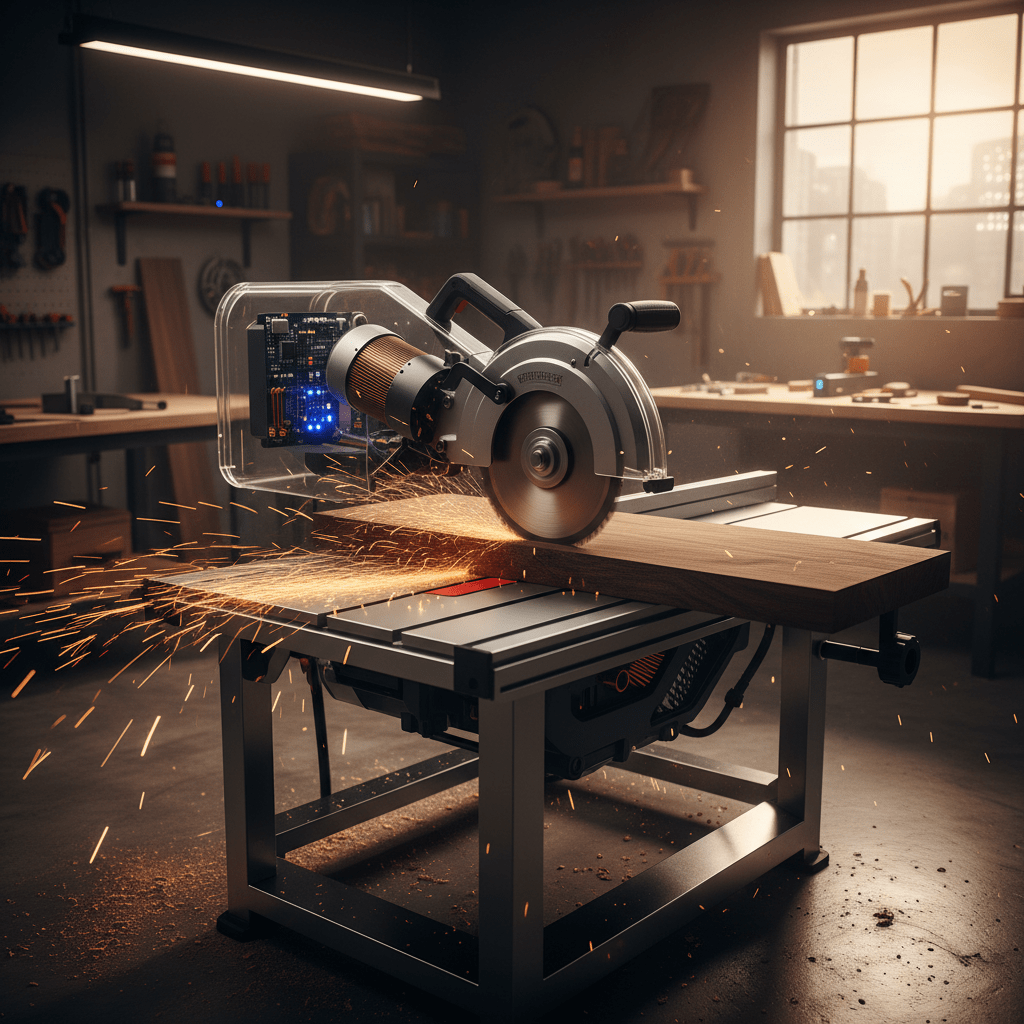 Modern cordless table saw with transparent panel cutting dense hardwood, showing sparks and motion.