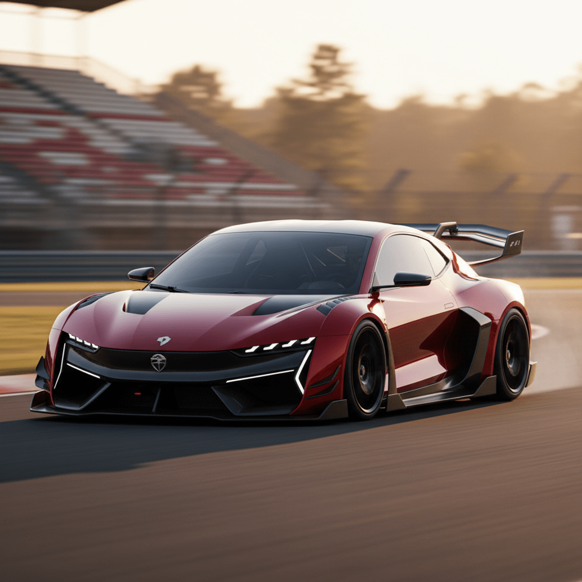 Sleek modern sports car in crimson metallic paint dynamically corners on a racetrack.