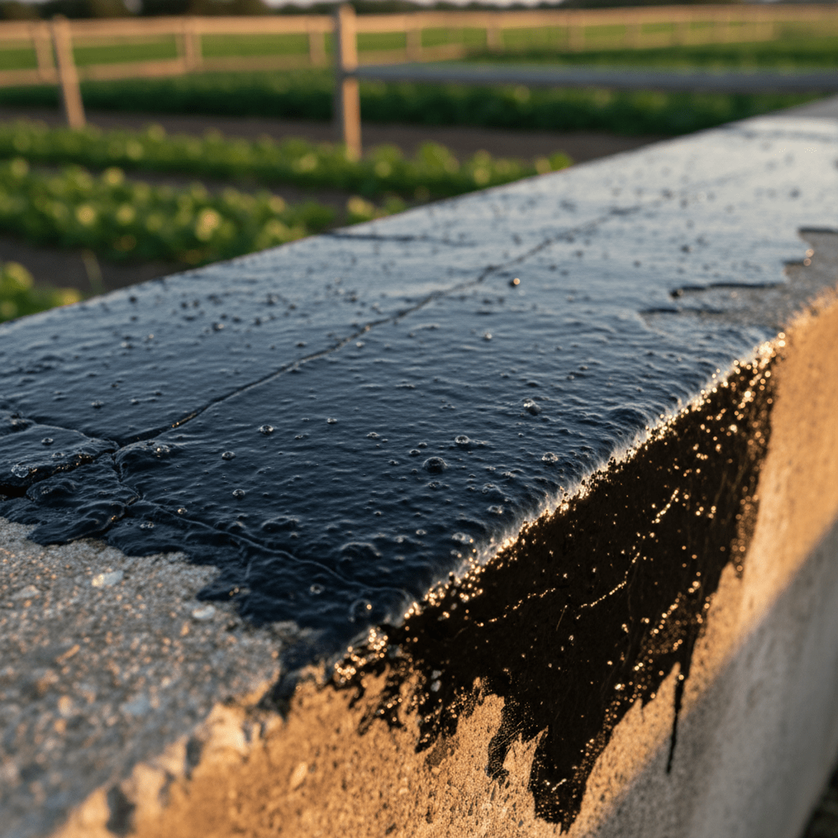 Cracked concrete trough repaired with glossy rubber coating under golden hour.