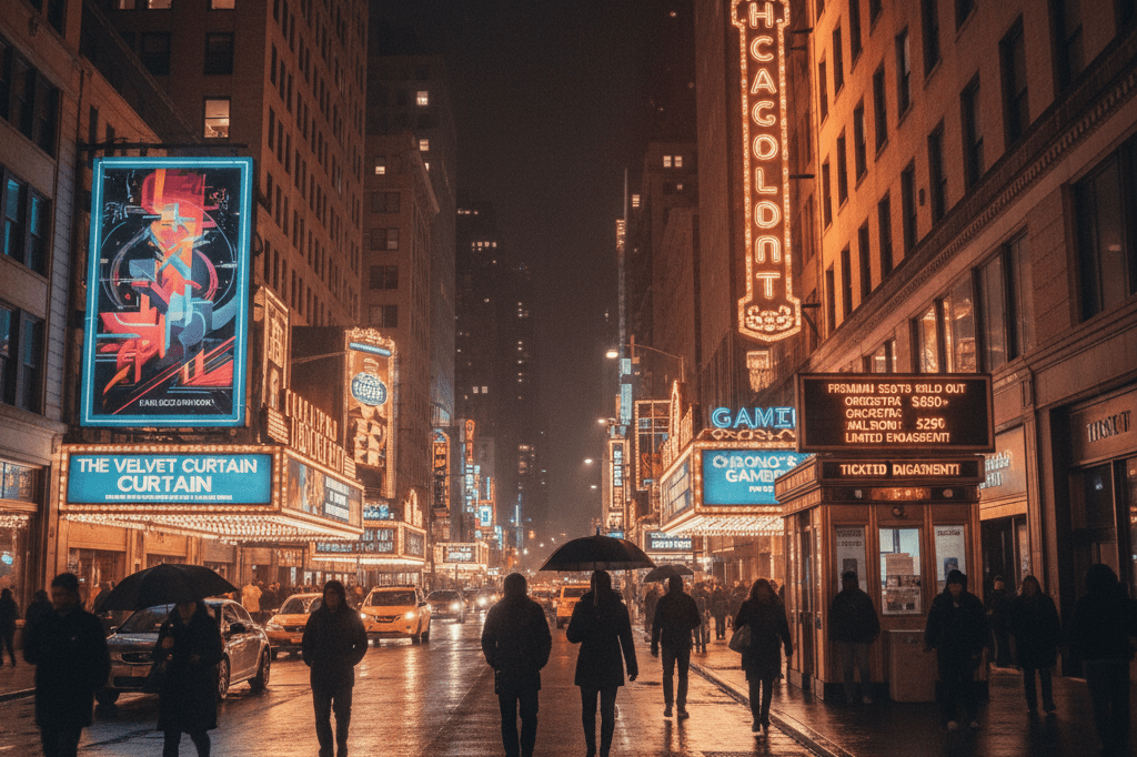 Wide shot of bustling Broadway street at night with glowing marquees and blurred pedestrian movement, highlighting entertainment commerce