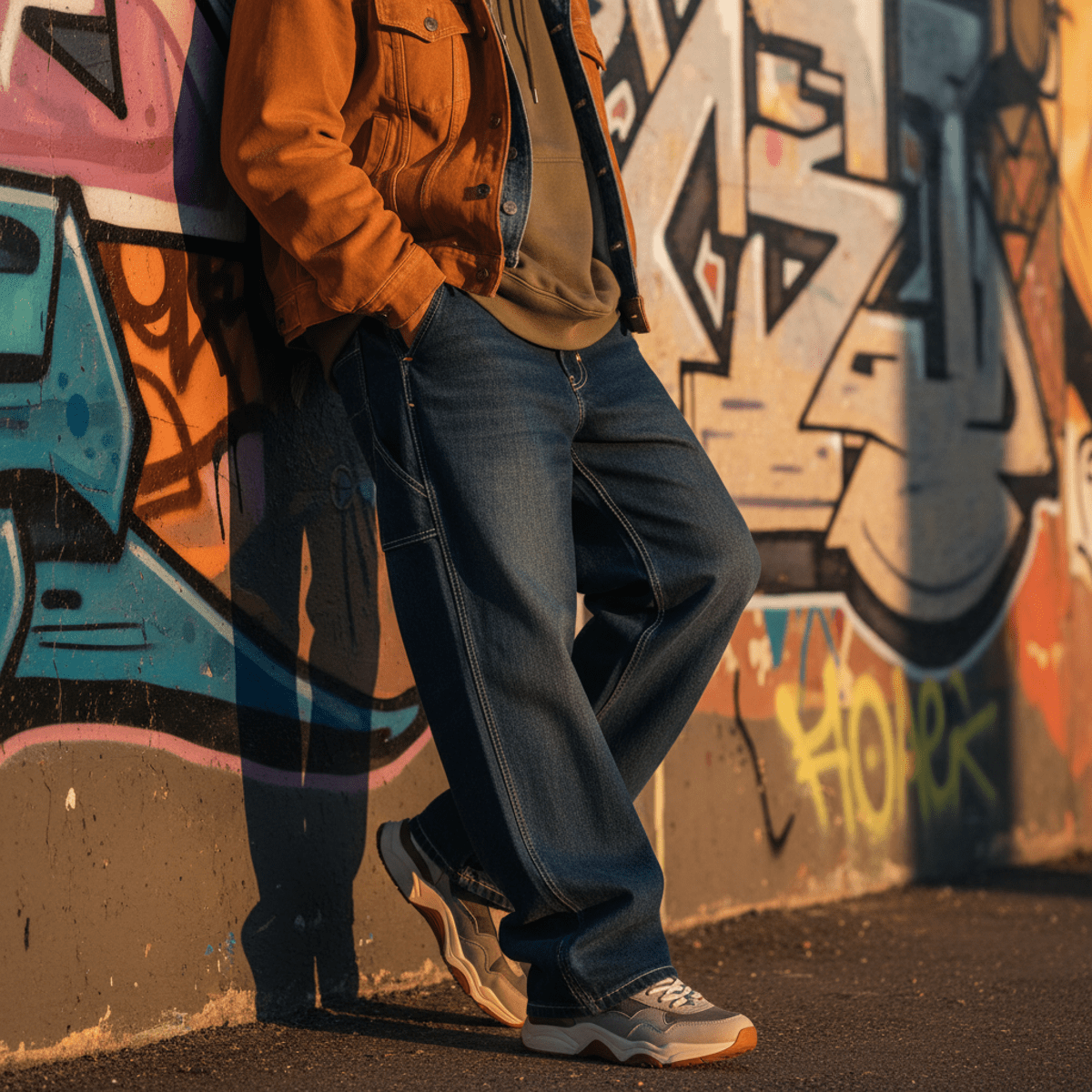 90s skater-inspired baggy jeans against graffiti art. Person in baggy jeans leans against graffiti wall, showcasing denim texture.