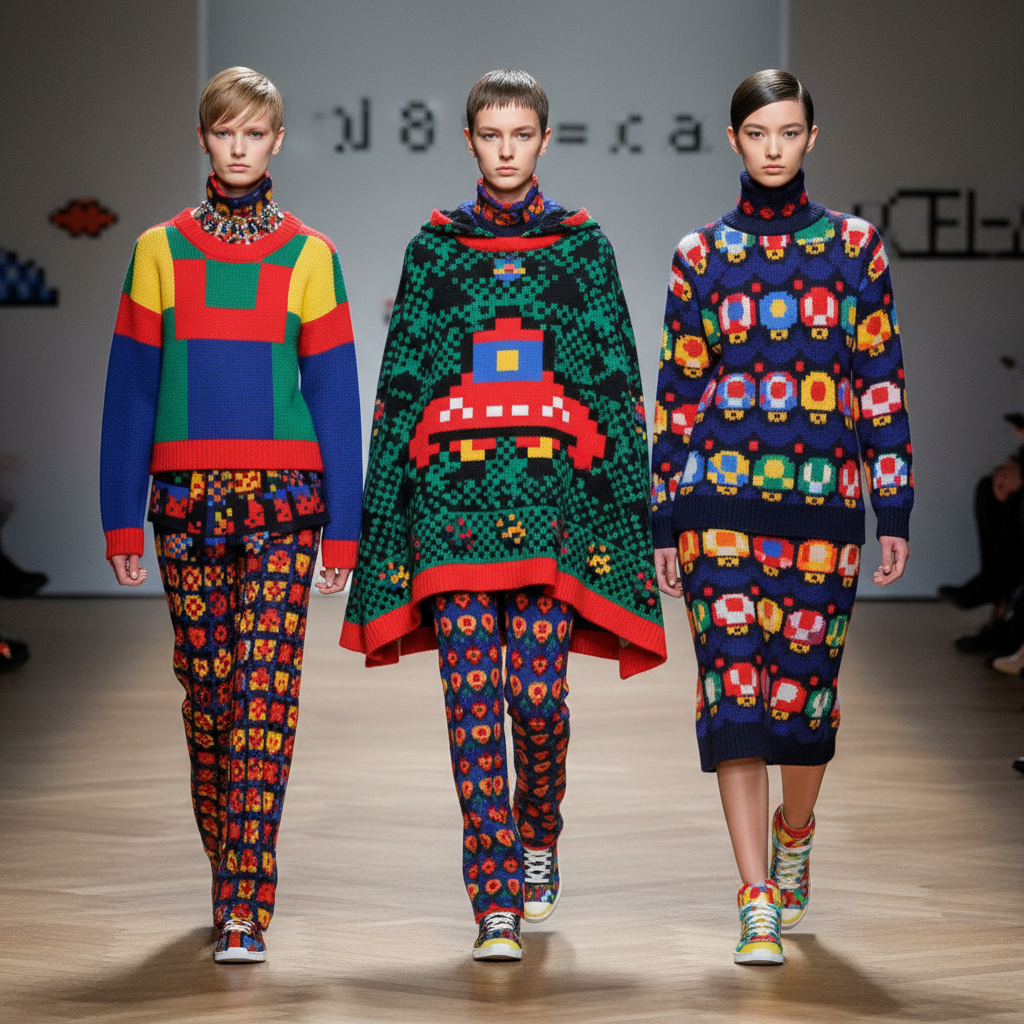 Models showcase geometric pixelated knit fashion inspired by 80s video games on a runway.