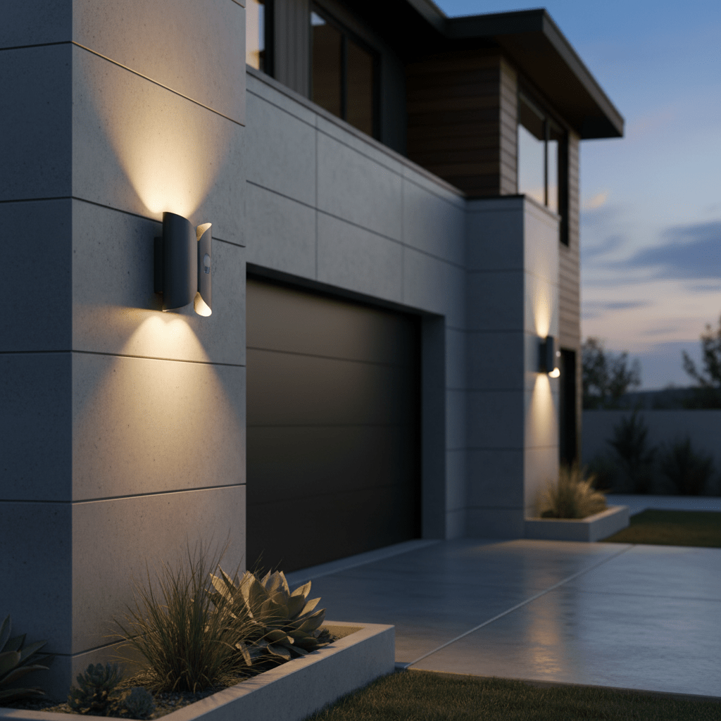 Sleek smart garage sconces illuminate a modern home facade at dusk.
