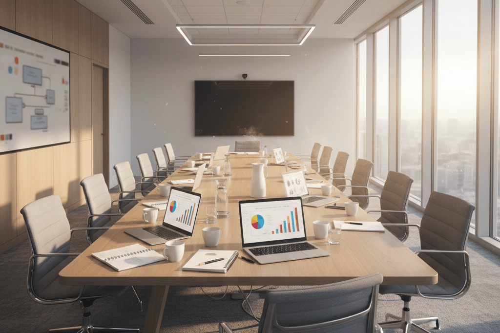 Wide shot of a modern conference room with laptops, notebooks, and coffee cups under warm natural light, representing collaborative team growth