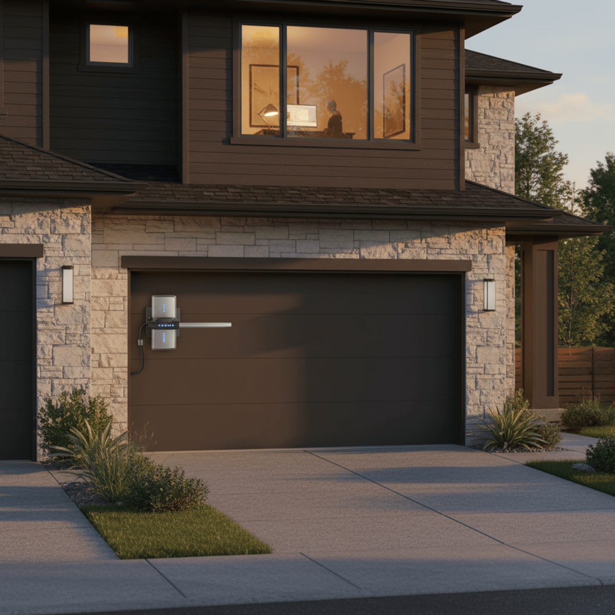 Quiet suburban home exterior with advanced wall mount garage door opener visible in open garage.