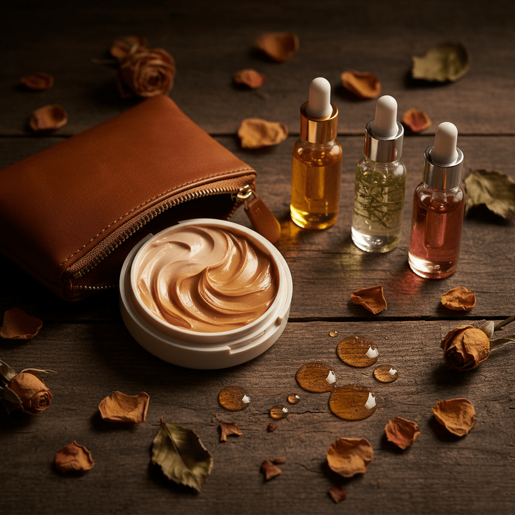 Korean CC cream balm with botanical oils in a leather pouch on a rustic wood table.