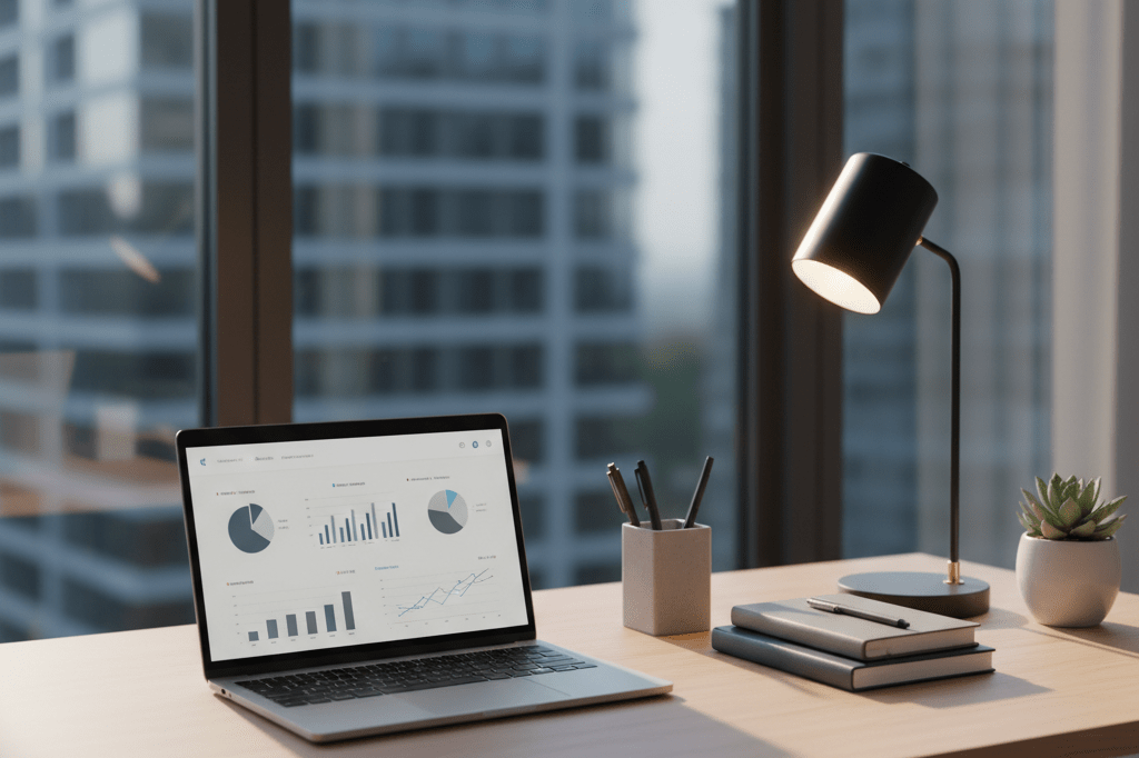 Neatly arranged office desk with laptop, notebook, and plant under warm natural light, evoking career comeback readiness
