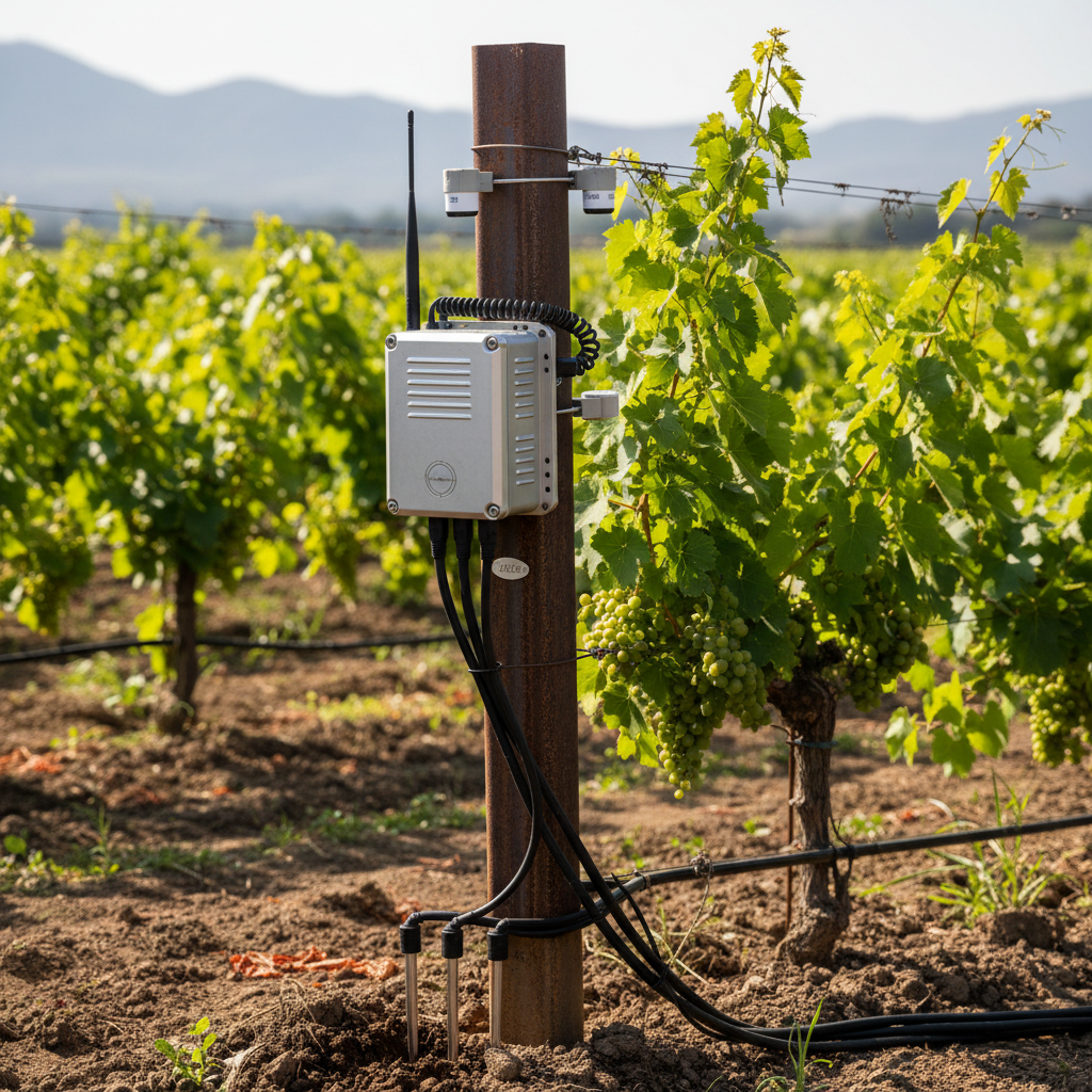 Rugged sensor hub on metal post in lush vineyard, connected to soil probes.