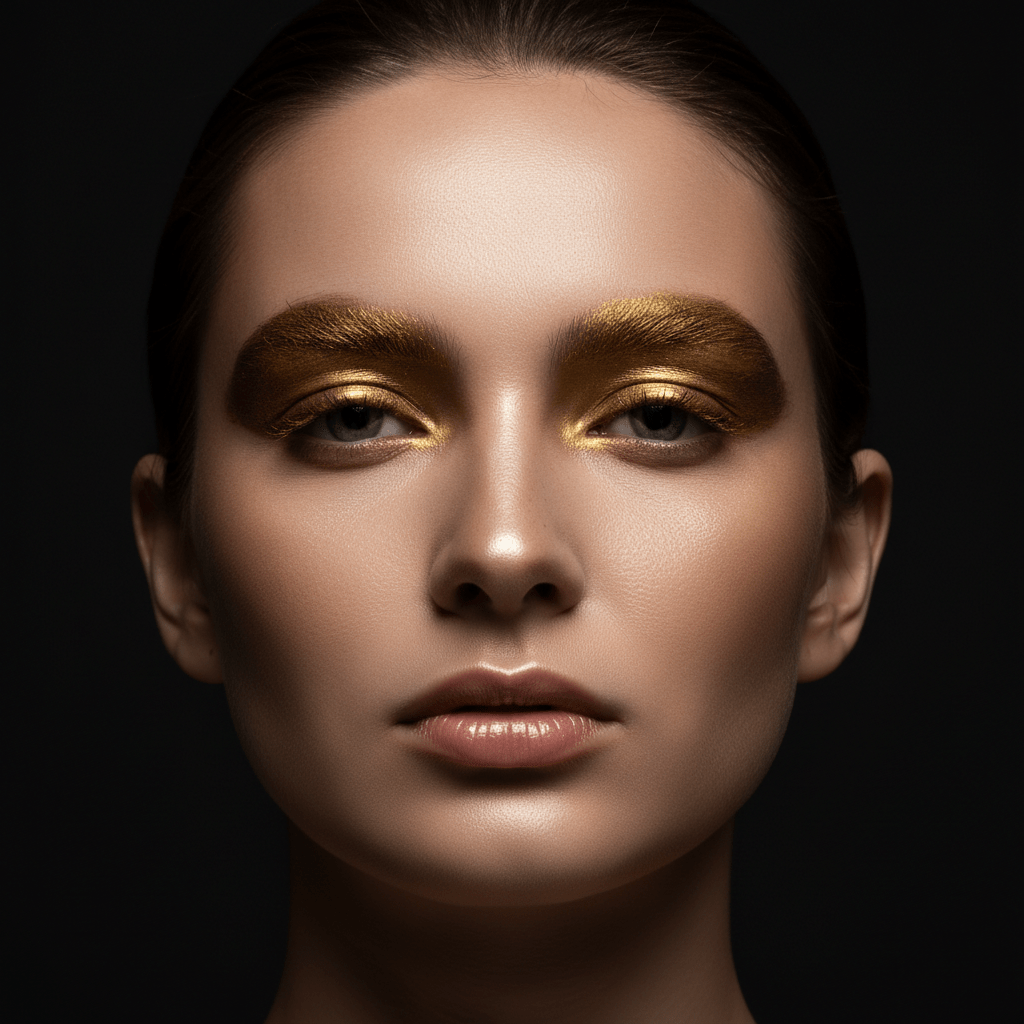 Avant-garde beauty look with full metallic gold eyebrows and dramatic lighting.