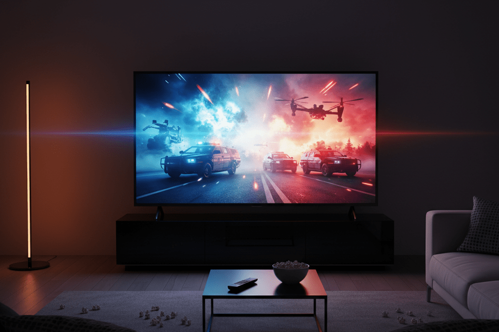 Glowing TV screen showing generic action scene in dark room, symbolizing appointment viewing and audience engagement