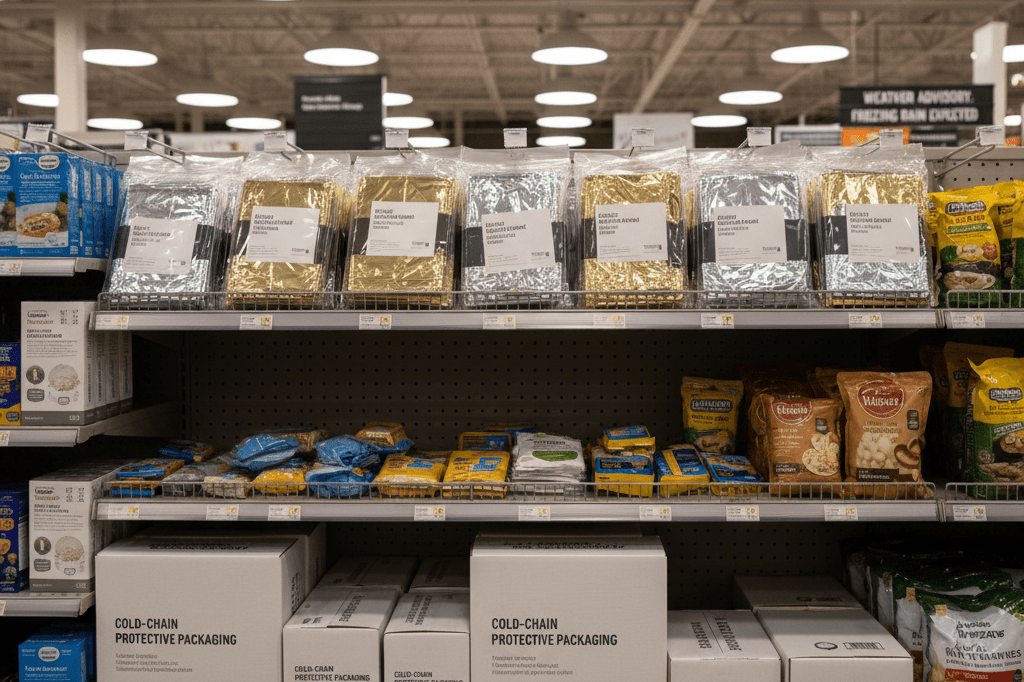 Shelf of thermal blankets and cold-chain boxes ready for freezing rain under warm store lights