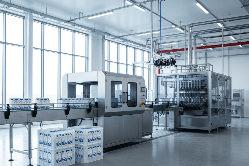 High-tech inspection area in a dairy factory with metal detectors and optical sorting tech under natural light