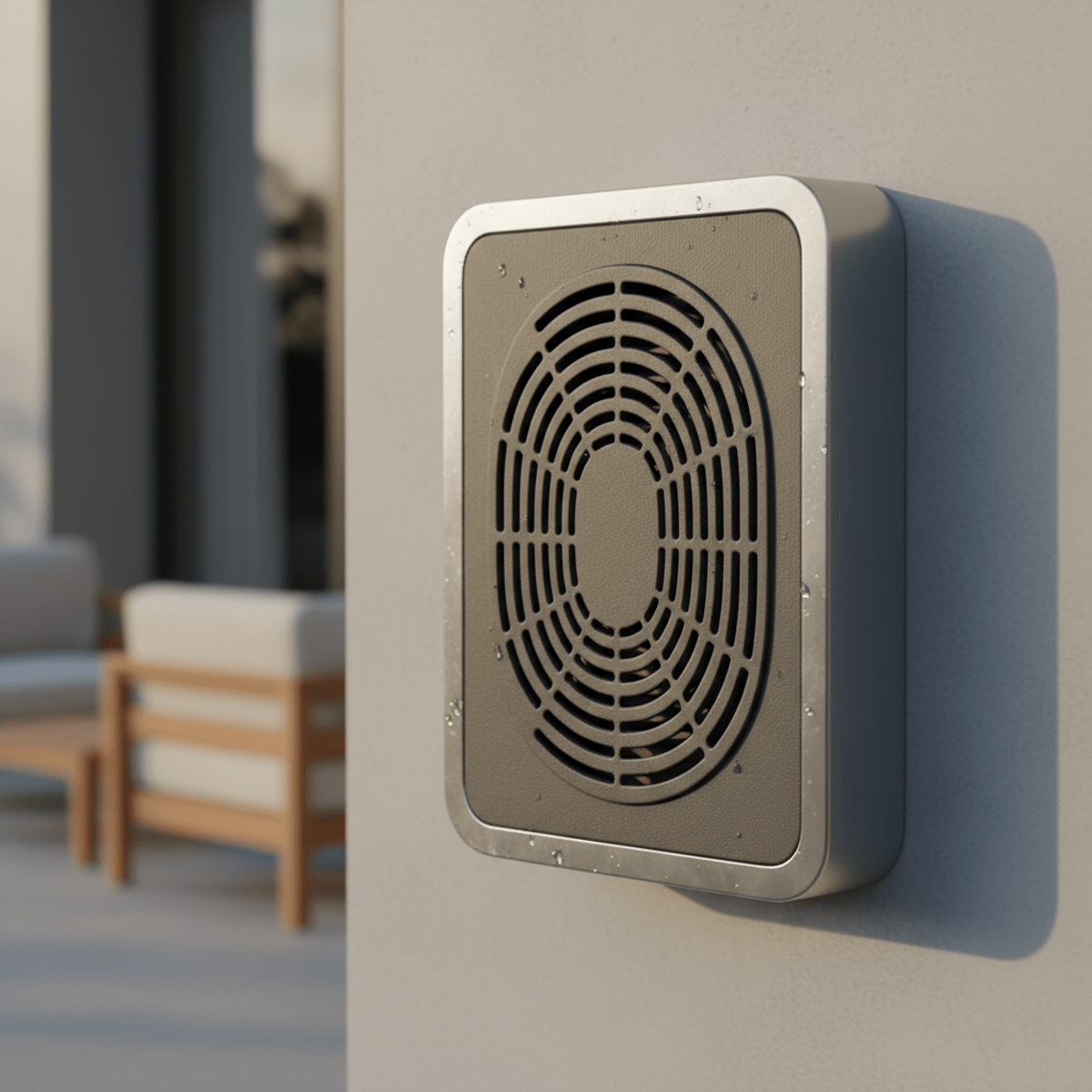 Sleek ultrasonic cat repellent unit mounted on concrete wall near modern patio furniture.