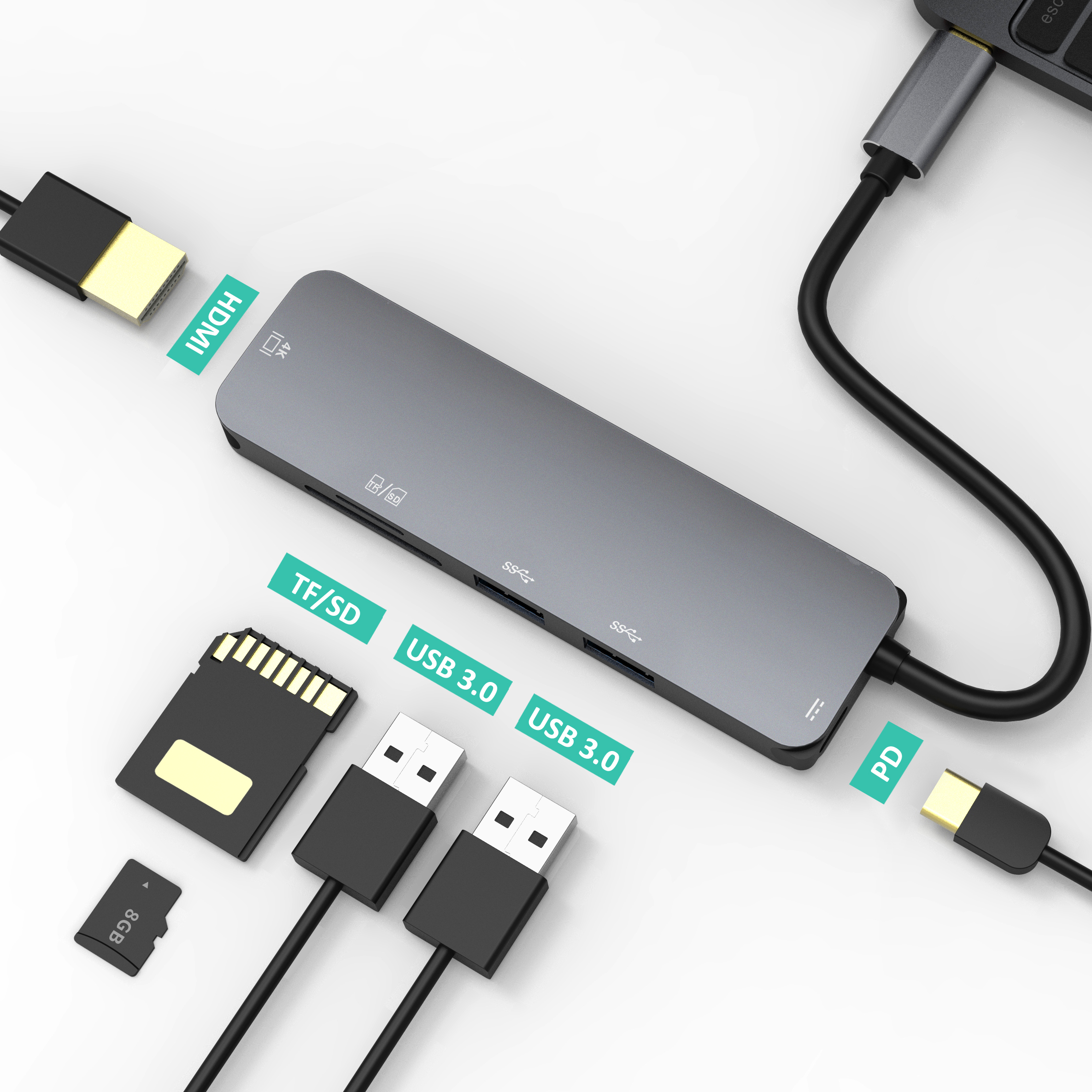 USB-концентратор 6 в 1 с логотипом под заказ, алюминиевый 4K USB Type-C адаптер с проходной зарядкой, мощность 60 Вт, устройство для чтения SD TF-карт и 2 USB 3,0