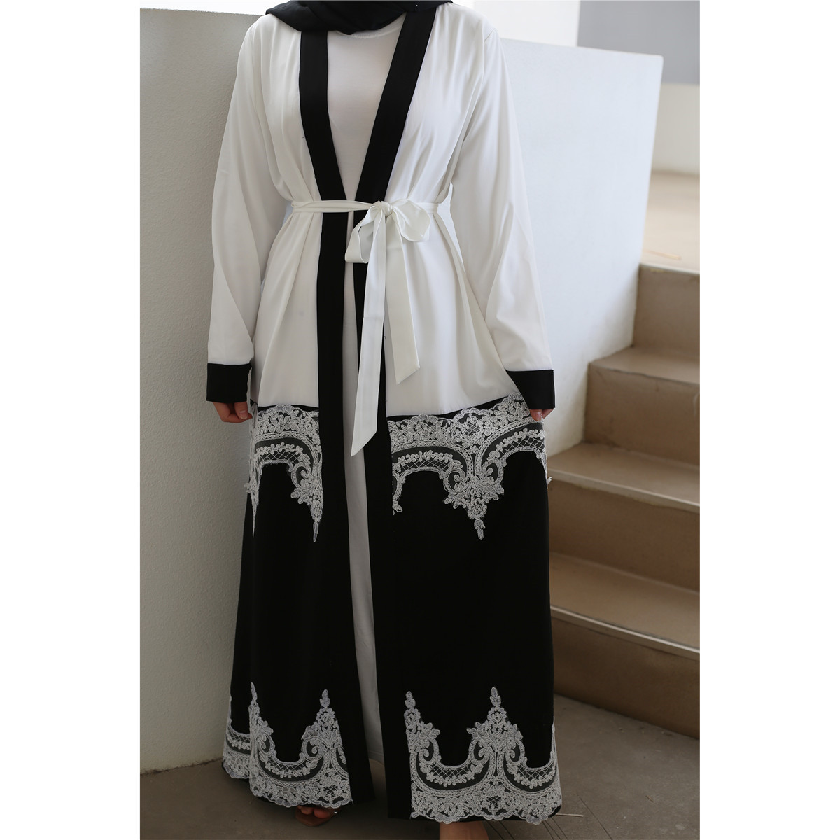 1566# Open lace abaya  muslim long dress - CHAOMENG MUSLIM SHOP