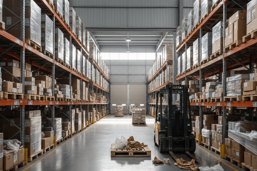 Wide shot of warehouse shelves filled with neutral packaged items,暗示供应链紧张与高效运作的场景