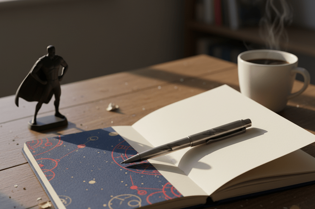 Close-up of a Marvel-inspired notebook, pen, and figurine on a desk under natural light, evoking storytelling creativity