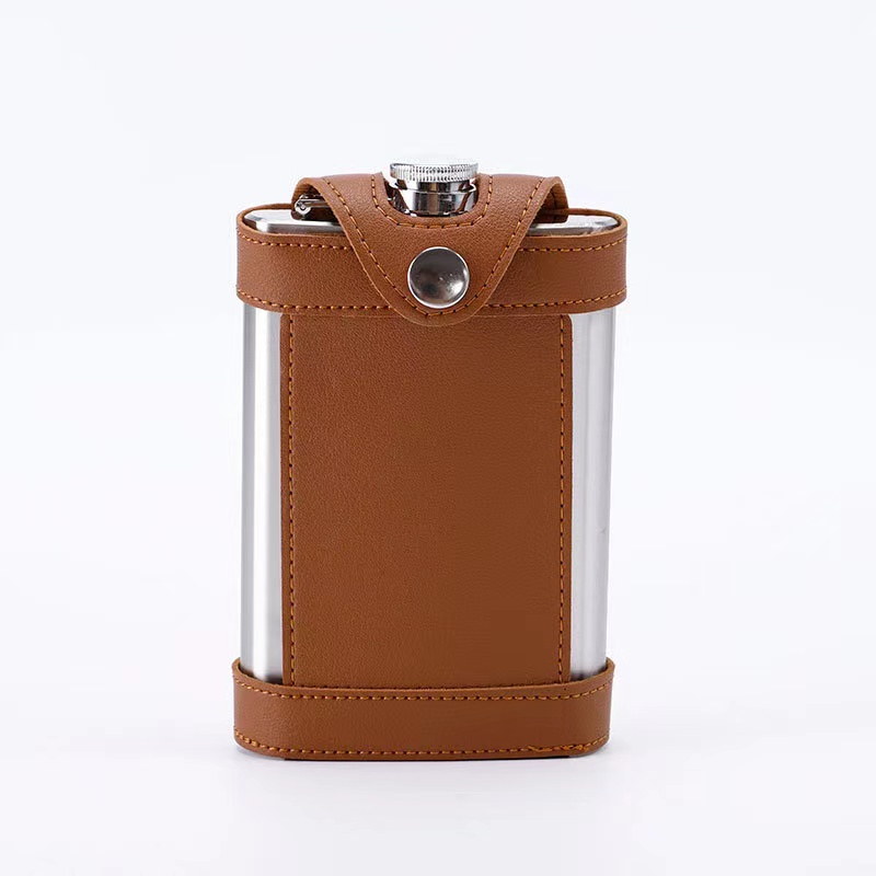 Amazon, Лидер продаж, 9 унций, портативная фляжка с крышкой из коричневой кожи, с колпачками, 304 18/8 нержавеющая сталь, фляжка на спиртовой основе в чехле